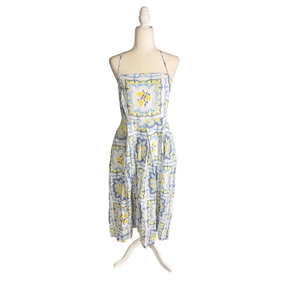 LOFT Dresses & Skirts - LOFT Blue & Yellow Linen Blend Tile Print Midi Dress – 45" Length